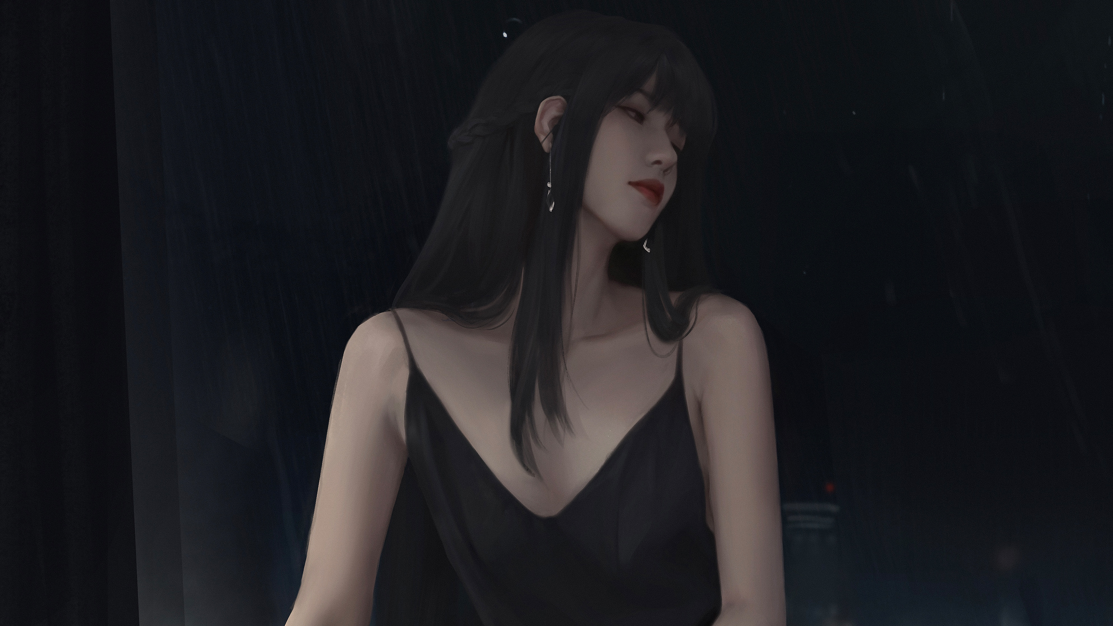 长发少女黑色吊带裙 4k壁纸 3840x2160